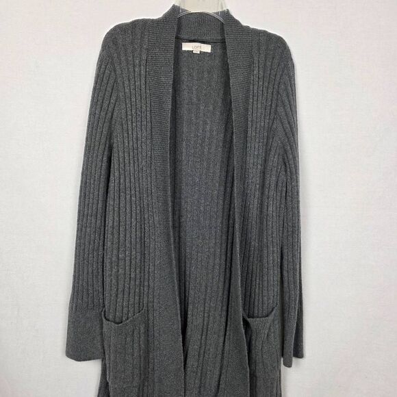 LOFT Gray Ribbed Long Open Cardigan Sweater L - Picture 3 of 8